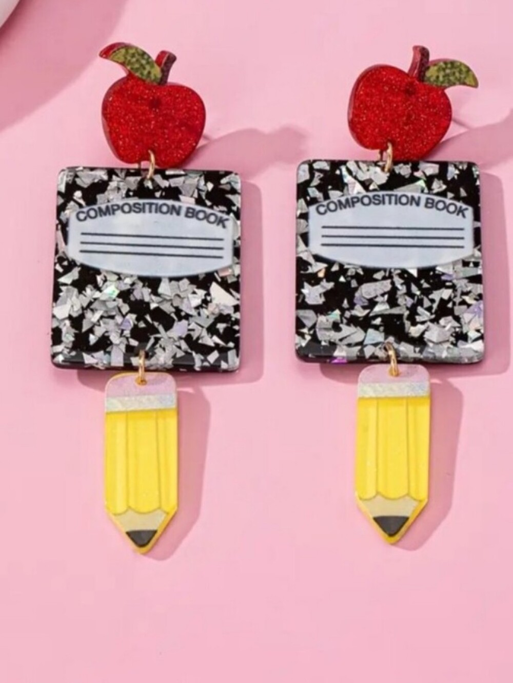 Playful Composition Book & Pencil Dangle Earrings - Black, Red, Yellow, White - Picture 3 of 4